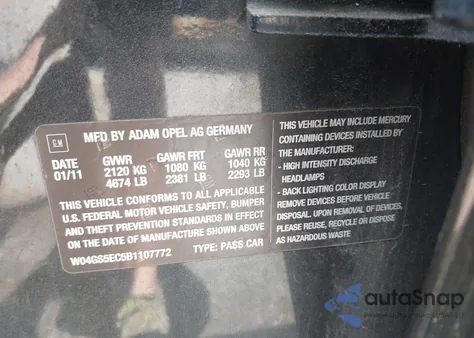 2011 Buick Regal Cxl Russelsheim z USA, uszkodzony, nr VIN W04GS5EC5B1107772